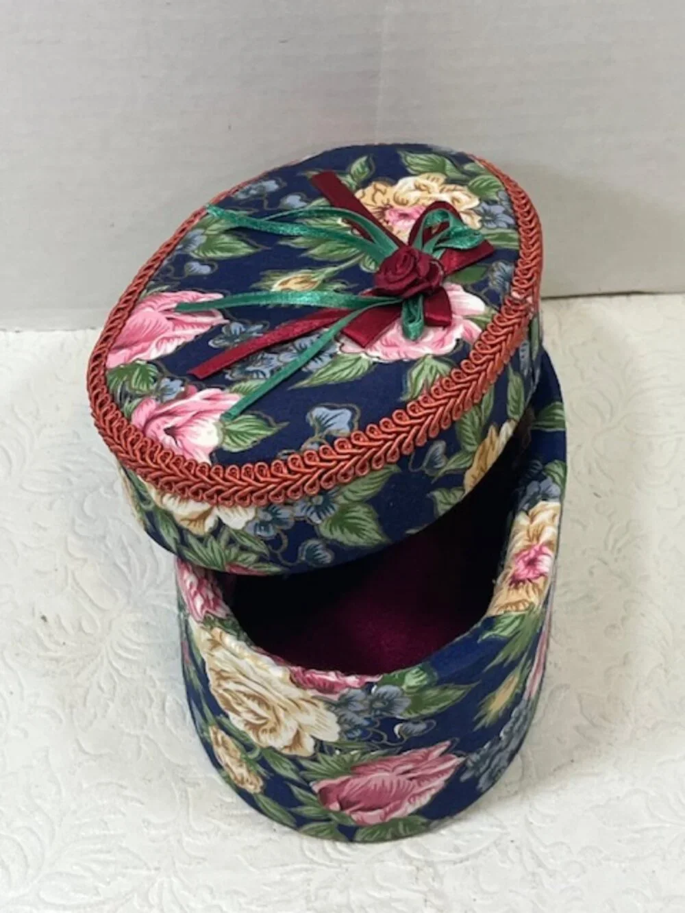 VTG Oval 2-Piece Floral Padded Fabric-Covered Storage Trinket Sewing JewelryBox